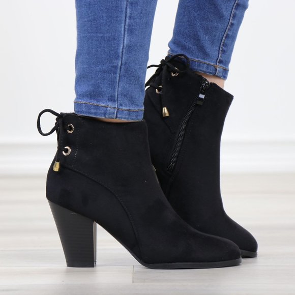 Black Pointed Toe Low Heel Ankle Boots Back Laces Booties Faux Suede - Picture 7 of 15